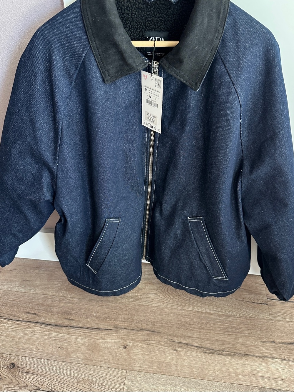 NWT Zara Denim Jacket with Contrast Collar and Sherpa Lining